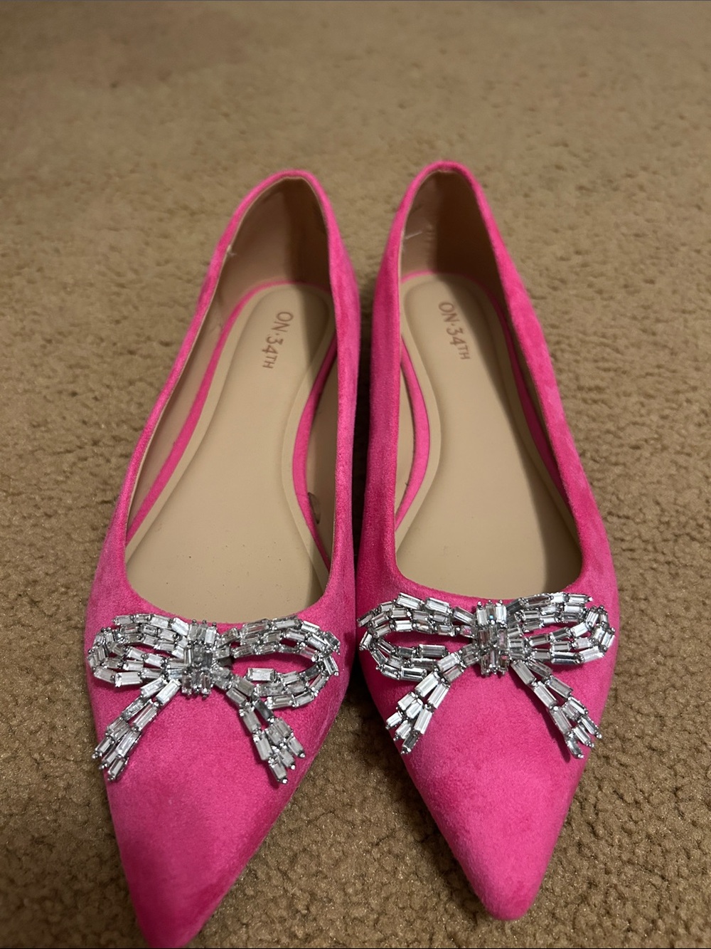 ON 34TH Hot Pink Pointed Toe Flats with Crystal Bow Accent
